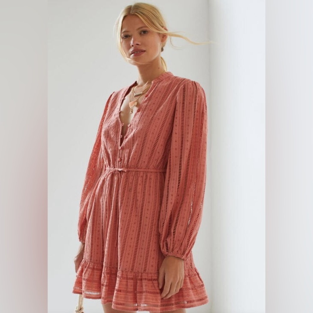 Anthropologie Forever That Girl Eyelet Western Boho‎ Mini Dress in Pink.